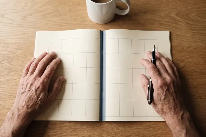 An older person’s hands resting on an open, blank ruled planner beside a cup of coffee.