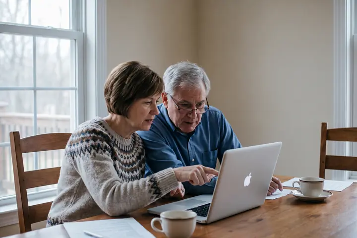 A woman and an older man sitting side by side at a kitchen table, looking together at a laptop.