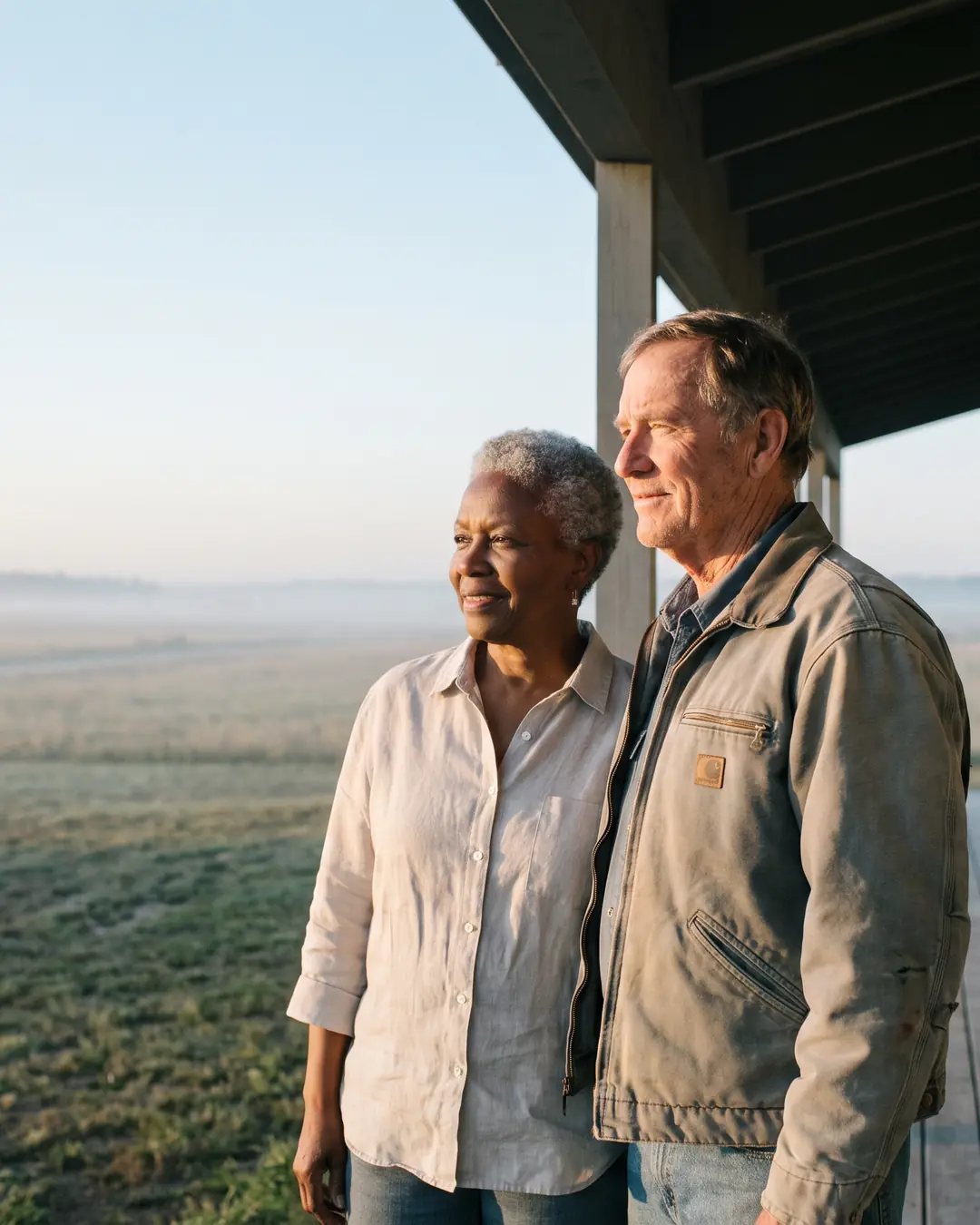 An older couple standing close together on a farmhouse porch at first light, looking out over open fields.