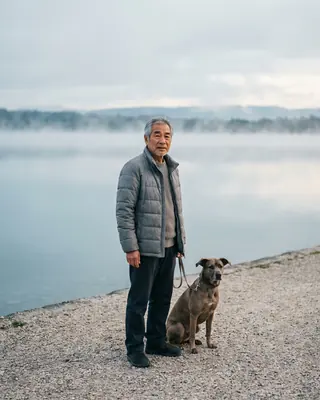 A man in his seventies in a quilted jacket standing with his dog on a grey shoreline.