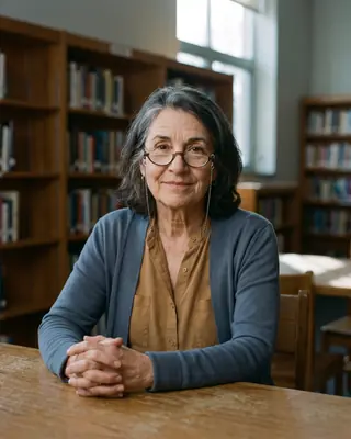 A woman in her sixties with glasses and a blue cardigan sitting at a reading table in a library.